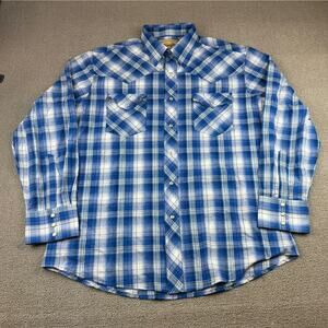 Wrangler Shirt Men's Medium‎ Long Sleeve Pearl Snap Blue Plaid Cowboy Western
